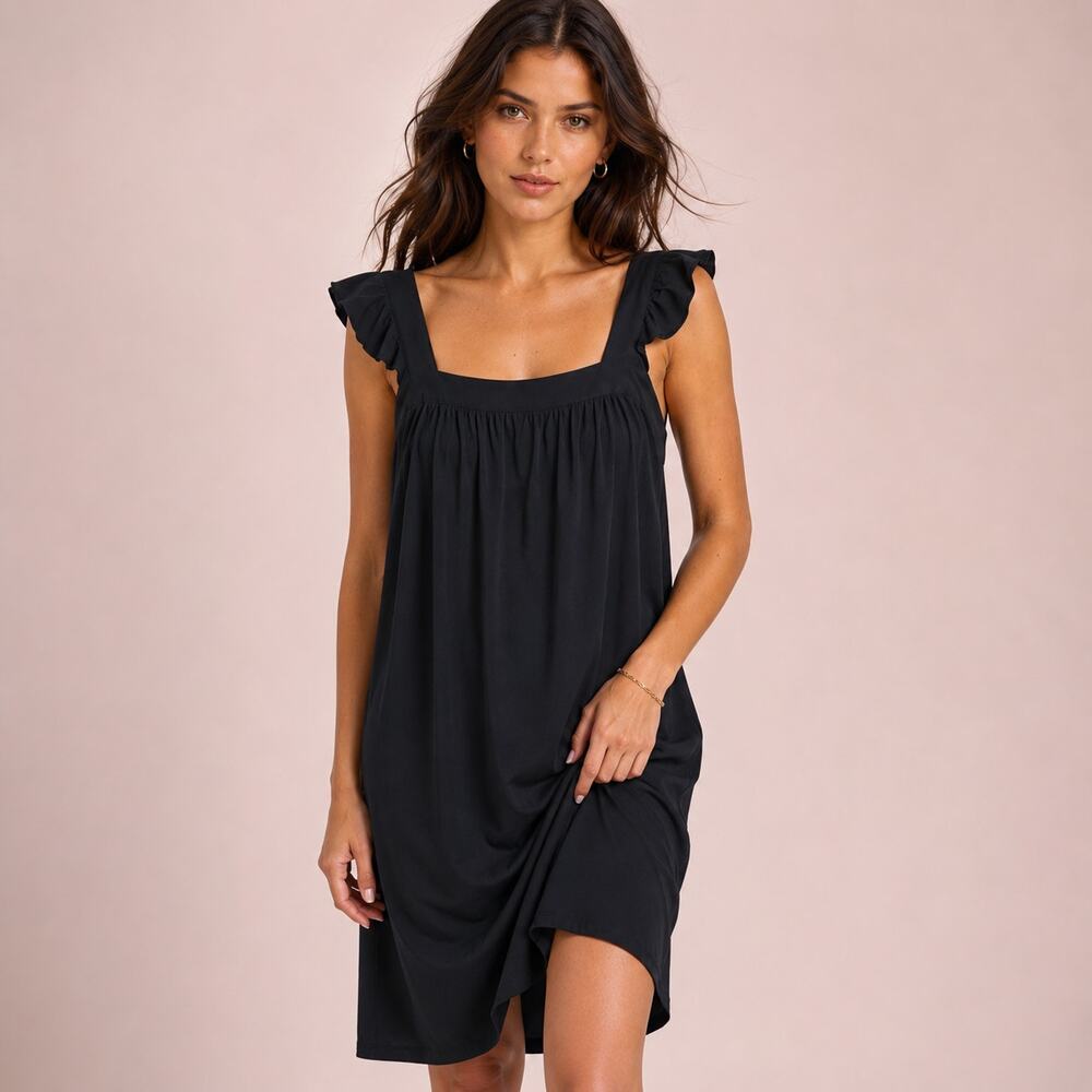 Ann Taylor Shift Day Dress Black Womens Small Black Sleeveless Ruffle Minimalist